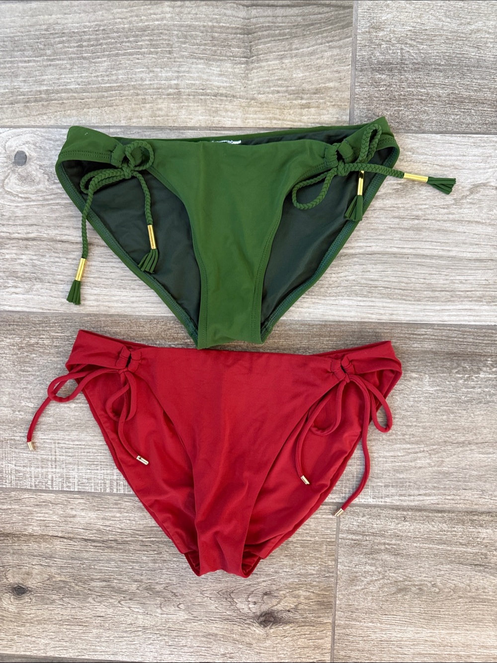 Robin Piccone Ava Olive Green & Luca Brick Red Side-Tie Bikini Bottoms Medium